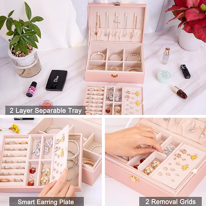 Voova Jewelry Box Organizer for Women Girls, 2 Layer Large Men Jewelry Storage Case, PU Leather Display Jewellery Holder with Removable Tray for Necklace Earrings Rings Bracelets, Vintage Gift, Pink