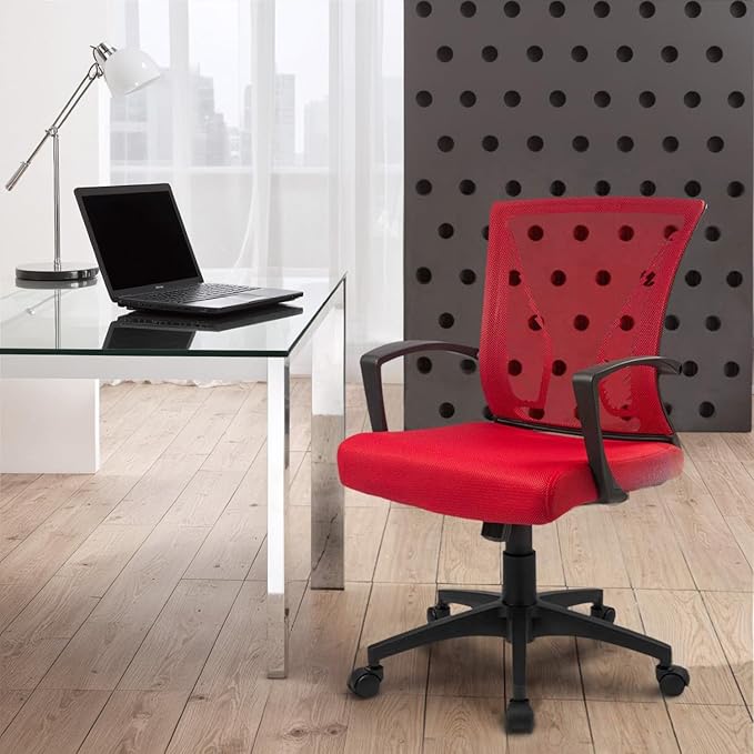Furmax Office Chair Ergonomic Computer Desk Mesh Chair Mid Back Swivel Lumbar Support with Armrest (2, Red)
