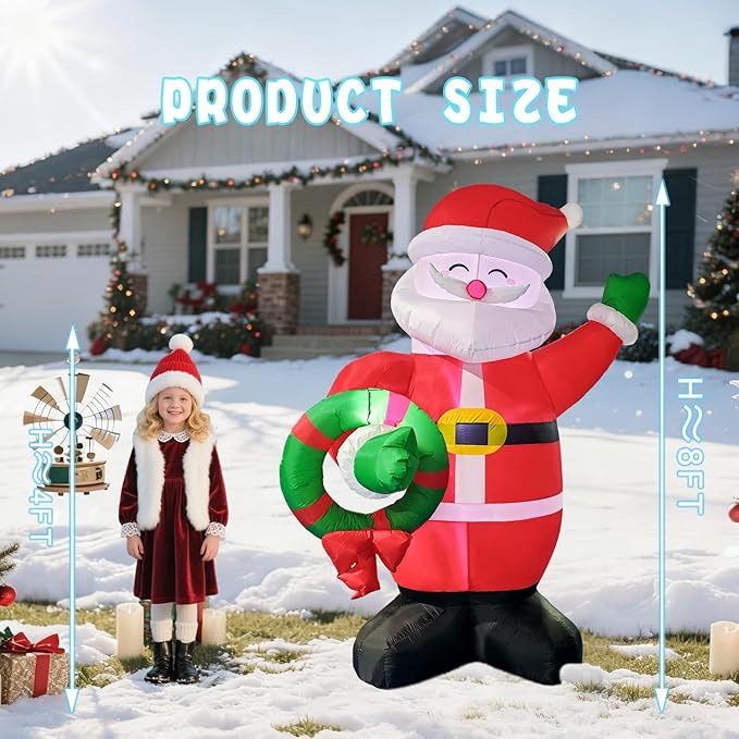 Giant Inflatable Santa Claus Christmas Decoration, 8Ft LED Lighted Outdoor Holiday Decor with Wreath, Fast Self-Inflating, Yard Lawn Garden Display