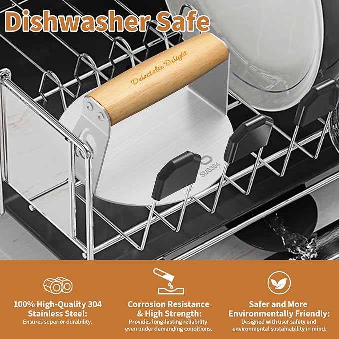 Smash Burger Press,304 Stainless Steel 6.0 Inches Round Hamburger Smasher with Anti Scald Wood Handle, Non-Stick Burger Press Perfect for Flat Top Griddle Grill Cooking (6'' Coated Press)