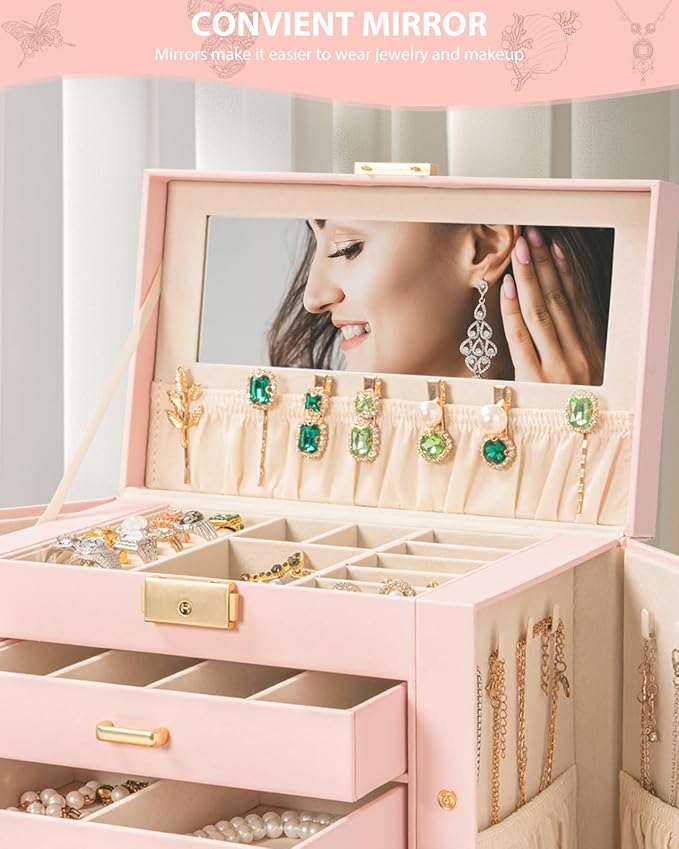 AKOZLIN Large 4-Tier Jewelry Box Leather Jewelry Storage Organizer with 3 Drawers Lockable for Women Girls Ring Necklace Earring Bracelet Watches Holder with Mirror Pink