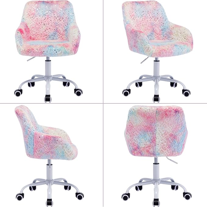 Kids Desk Chair Cute Swivel Reading Chair, Upholstered Adjustable Faux Fur Study Chair with White Wheels for Reading Room Bedroom, Colorful