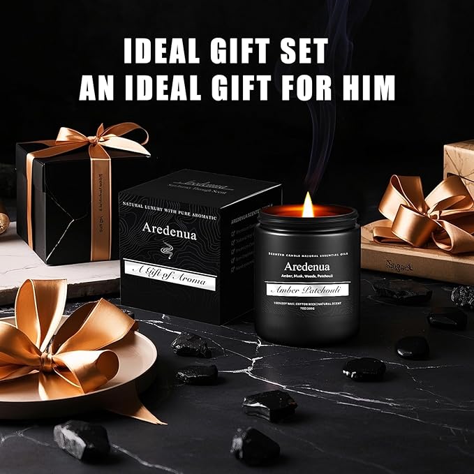Amber Patchouli Candle, Masculine Candle - Manly Scented Candles for Home, Aromatherapy Candle Gifts for Men Women - 7oz Soy Candles for Home Scented, 50 Hours Burn Time, Perfect for Relaxation