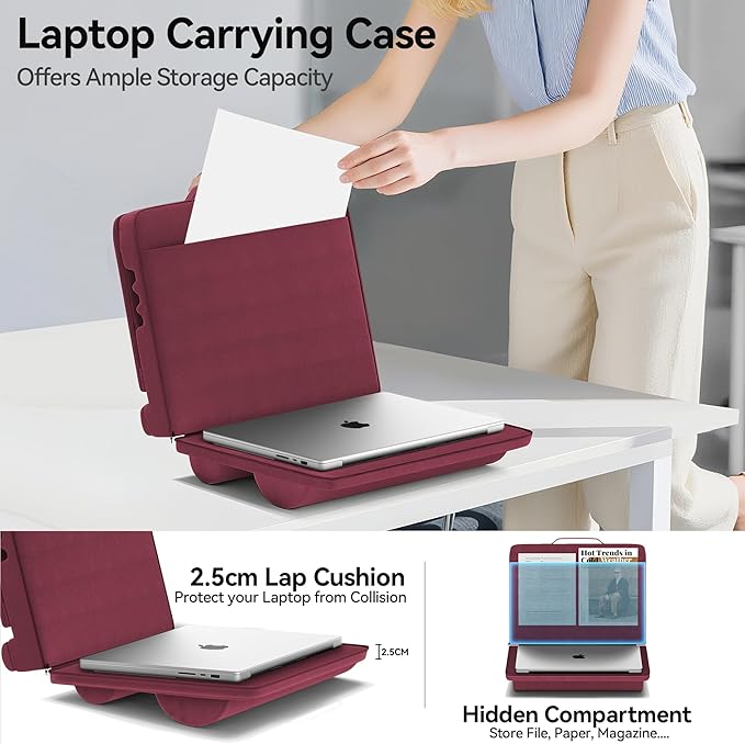 Laptop Lap Desk with Cushion, Adjustable Lap Desk Pillow with Storage, Portable Lap Table for Adults Student, Laptop Stand for Bed Office Dorm Home Room Couch, Fits Up to 14.9" PC Tablet, Red
