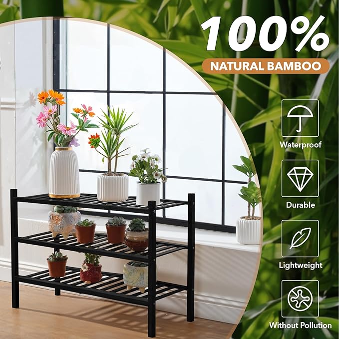 3 Tier Bamboo Shoe Rack Storage Organizer for Closet, Multifunctional Stackable Free Standing Shoe Shelf Organizer for Small Space,Entryway,Hallway,Bathroom 27"x11"x20" (Black, 3 Tier)