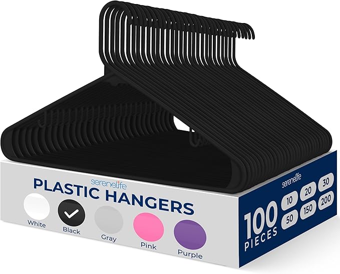 SereneLife 100-Piece Plastic Clothes Hangers – Black 0.24" Slim Non-Slip Heavy Duty Coat Shirt Pant Closet Organizer Set with 360° Swivel Hook Durable ABS Space-Saving Design for Home or Boutique