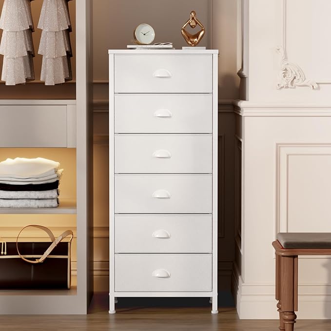 Furnulem White Tall Dresser for Bedroom,Vertical Storage Tower Unit and End Table with 6 Fabric Drawers, Nightstand Furniture with Drawer Organizer in Living Room,Closet,Entryway,Hallyway