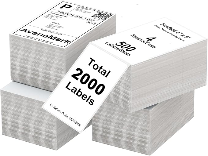 AveneMark 4 Stacks 2000 Labels 4" x 6" Fanfold Direct Thermal Labels, Postage Shipping Labels Paper with Perforated, Strong Adhesive Label for Zebra, Rollo, MUNBYN Thermal Printer,500 Labels per Stack