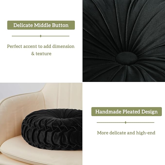HIG Set of 2 Decorative Round Pleated Throw Pillows, Classy Accent Pumpkin Throw Pillows with Center Button, Vintage Velvet Floor Pillows for Sofa Vanity Chair Bed, Black, 14.5" Diameter(Ripple)