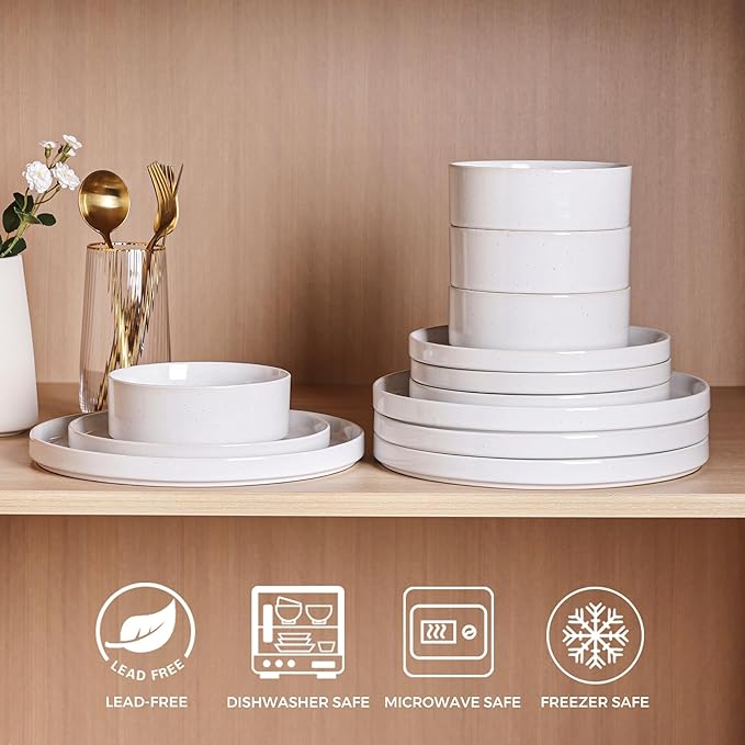 GBHOME Dinnerware Set for 4, 12 Piece Speckled Plates and Bowls Set with Glazed Bottom, Chip & Scratch Resistant Stoneware Plates Sets, Dishwasher & Microwave Safe Dishes (White, Service for 4)