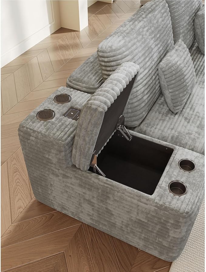 KEIKI 150" U-Shaped Oversized Corduroy Modular Sectional Sofa with 2 Ottomans and Multi Functional Console, 6-Seater Upholstered Couch with USB and 2 Cup Holder, Easy Assembly, for Living Room, Grey