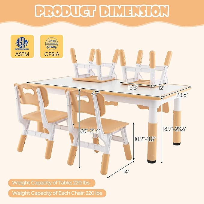 HONEY JOY Kids Table and Chair Set, Height Adjustable Children Activity Table and 4 Chairs Set w/Erasable Graffiti Desktop, Toddler Table and Chair Set for Daycare, Classroom, Home (Natural)