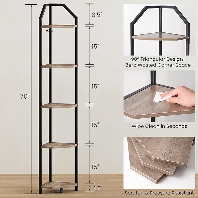 5-Tier Corner Shelf | 70 Inch Tall Bookshelf & Plant Stand, Heavy Duty Storage for Home Office & Living Room - Grey