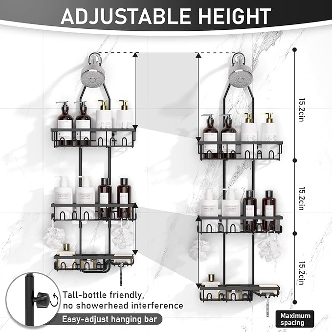 Shower Caddy,Rustproof Shower Shelves Over Shower Head,Extended Length shower rack with Soap Holder,Black