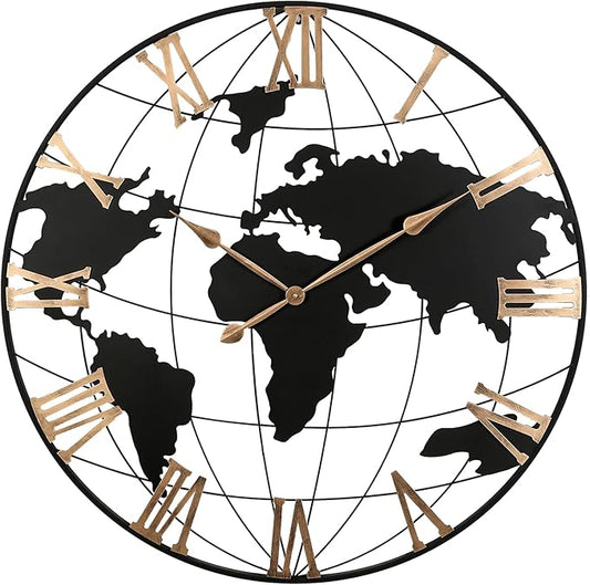 36 Inch Extra Large World Map Wall Clock, Retro Minimalist Silent Non-Ticking Battery Operated Clock for Living Room, Bedroom, Office, Kitchen, Black Roman Numerals