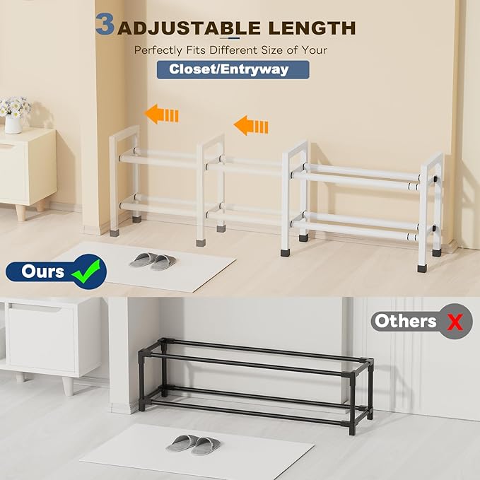Mavivegue Expandable Shoe Rack, 2-Tier 19"-43.3" Adjustable Shoe Rack for Closet,Hall Entryway,Front Door,Garage, Sturdy Steel Space-Saving Rack, White