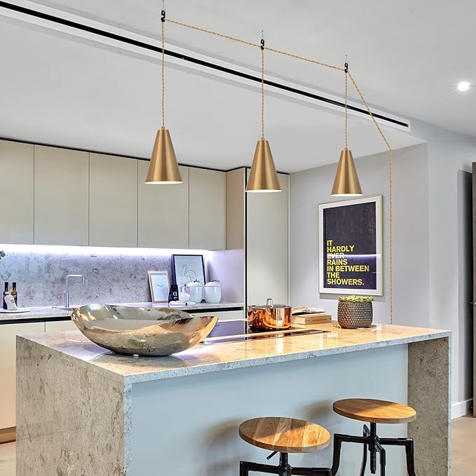 Gold Plug In Pendant Light,Hanging Lights With Plug In Cord On/Off Switch, Mini Brass Pendant Lights for Kitchen Island,Modern Chandeliers Light Fixture with Metal Shade,Hanging Lamps for Bedroom