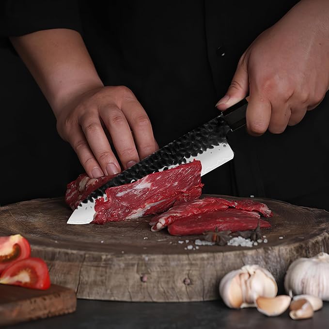 8 Inch Japanese Gyuto Chef Knife-3 Layers 9CR18MOV High Carbon Kitchen Knife, Professional Hand Forged Meat Sushi Kitchen Knife with Rosewood Handle & Gift Box