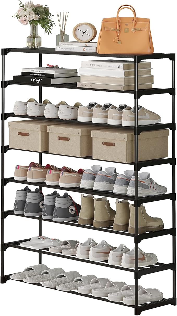 Calmootey 8-Tier Shoe Rack, Tall Large Capacity 40 Pairs Shoes Storage Organizer, Stackable Wide Shoe Shelf for Entryway, Hallway, Black