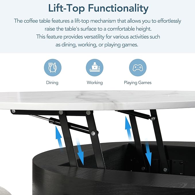 WILLIAMSPACE 31.5" Lift Top Coffee Table Set with Storage & 3 Upholstered Nesting Ottoman, Modern Round Marble Coffee Table Accent Center Table for Living Room, Apartment, White & Black