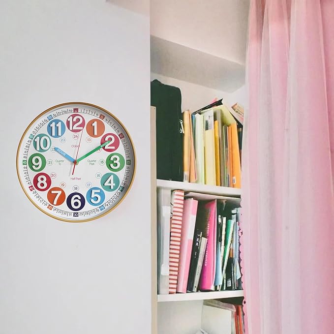 Learning Time Clock for Kids,12 Inch 3D Numbers Colorful Clock Face Silent Clocks，Bedroom,Kitchen,Classroom,Décor at School, Clear Digital Wall Clock for Kids Room (3D Wood Color Classic)