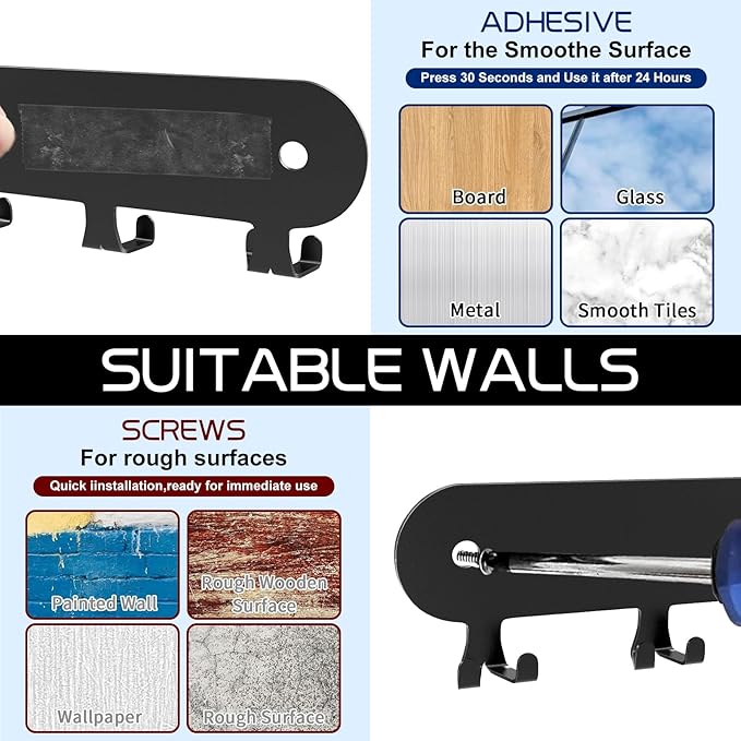 2 Pack Key Holder for Wall,Key Hooks,Key Holder Wall Mount Self Adhesive, Key Rack Wall Mount for Wall No Drill for Living Room, Kitchen, Bathroom, Garage (Black, 12 Hooks)