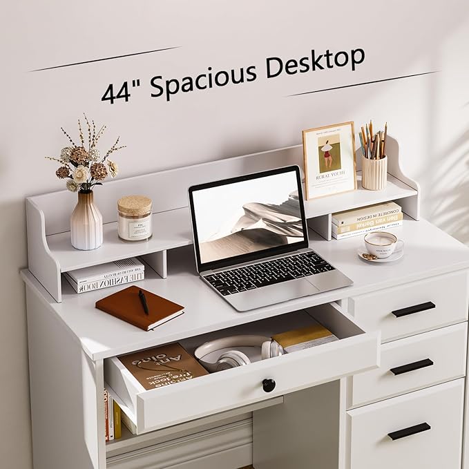 4 EVER WINNER White Desk with Drawers, Small Computer Desk with File Drawer for Small Spaces, Home Office Desks with Monitor Stand Wood Table for Study Writing, White