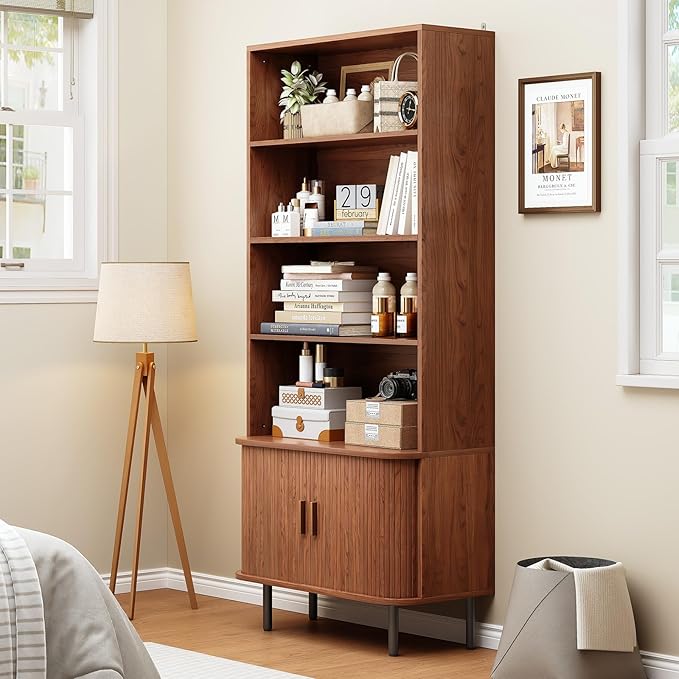 71" Tall Bookshelf, 4-Tier Bookcase with Storage Cabinet & Adjustable Storage Shelf, Freestanding Wood Bookshelf with Sliding Door and Adjustable Footpad, for Home Office, Living Room, Walnut