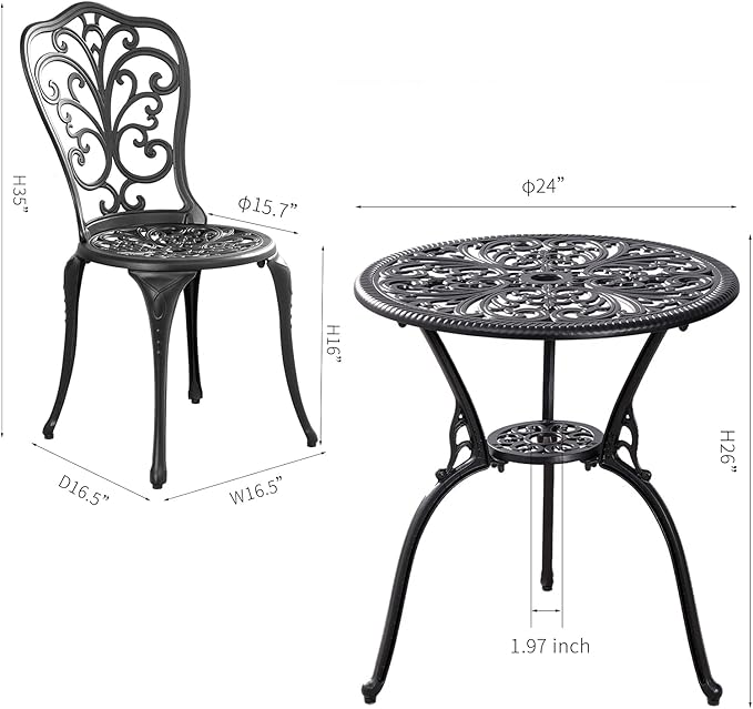 Outdoor Bistro Set 3 Piece Patio Bistro Set, Cast Aluminum Bistro Table and Chairs Set of 2, Small Patio Table Set for Porch, Black