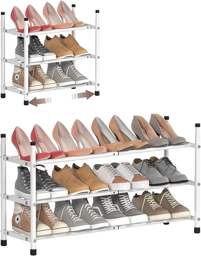 TZAMLI 3-Tier Shoe Rack for Closet, Expandable and Stackable Shoe Organizer Adjustable Metal Shoe Storage Small Shoe Shelf for Entryway Entrance, White