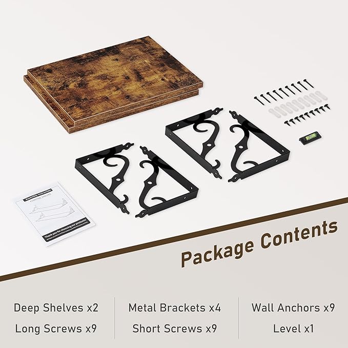 Deep Floating Shelves, 16" W x 12" D Wall Shelves Set of 2, Wide Display Shelf Wall Mounted with Brackets, Bookshelf for Living Room, Bathroom, Bedroom, Rustic Brown