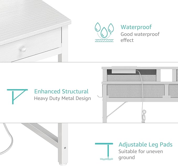 Lufeiya Small White Kids Desk with Fabric Drawers for Bedroom, 32 inch Vanity Makeup Desk with Drawers Storage for Home Office, Writing Study Table with Power Outlet & Monitor Stand, White