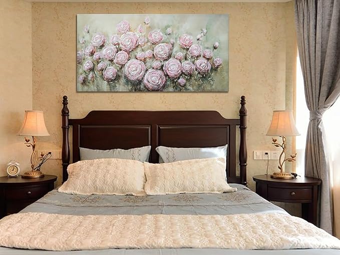 Arjun Pink Rose Wall Art Flower Canvas Painting 3D Textured Floral Silver Grey Artwork Living Room Modern Abstract Petals Tranquil Framed for Bedroom Home Office Wall Decor, Extra Large 58"x29"