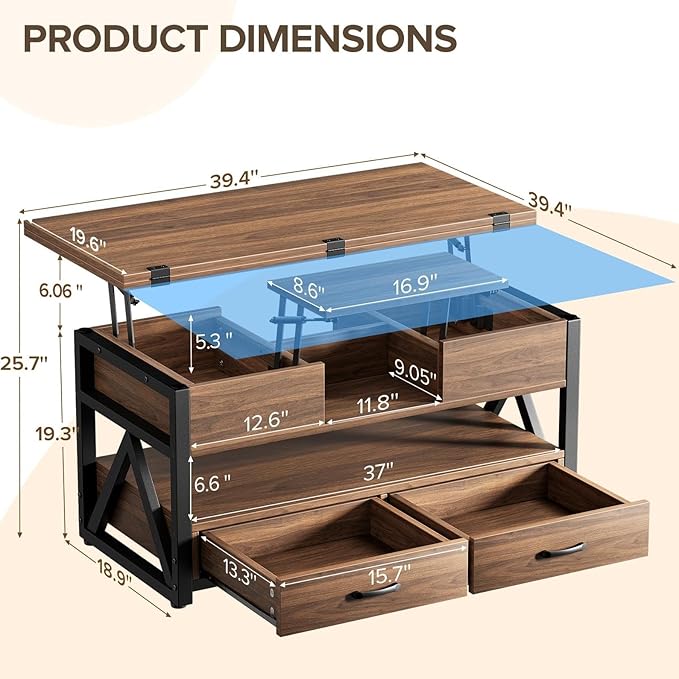 40" Lift Top Coffee Table,4 in 1 Multi-Function Lift Coffee Tables with Storage Drawers and Hidden Compartmen,Farmhouse Coffee Table with Lifting top for Living Room, Walnut
