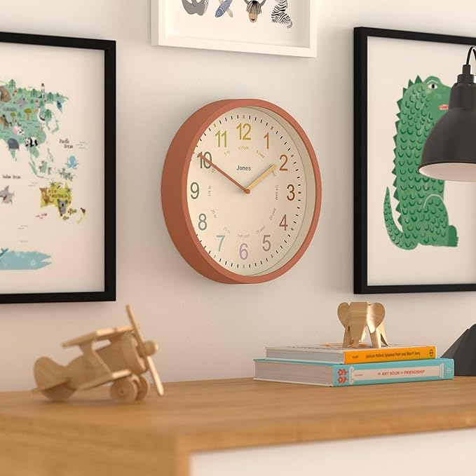 JONES CLOCKS® Kids Wall Clock | Small Modern Children’s Clock | 10 inch | Terracotta Orange | Colourful Numbers | Learn to Tell The time