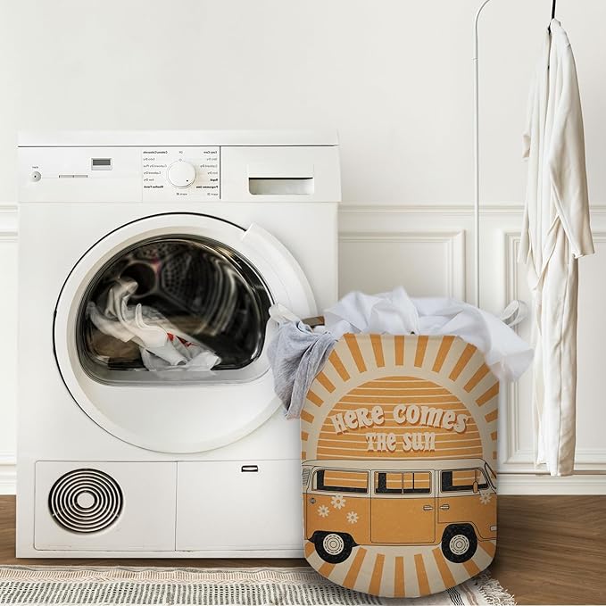 Here Comes the Sun Laundry Basket, 70s Retro Boho Sunshine Waterproof Collapsible Laundry Hamper Dirty Clothes Storage Toy Bin Organizer for Bathroom Bedroom Nursery Kids Room