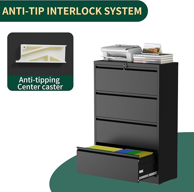 4 Drawer Lateral File Cabinet with Lock, Metal File Cabinets for Home Office, Steel Heavy-Duty Filing Storage Cabinet for Letters/Legal/A4 (Require Assembly, Black)