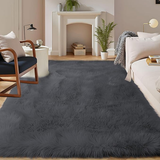 Latepis Living Room Rugs 8x10 Area Rugs for Living Room Dark Grey Faux Sheepskin Fur Rug for Bedroom Washable Fluffy Rug for Office Entertainment Home Décor