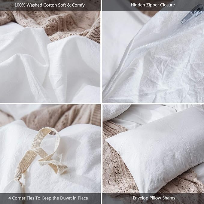 MooMee Bedding Duvet Cover Set 100% Washed Cotton Linen Like Textured Breathable Durable Soft Comfy (Solid Off White, Twin 68"x90")