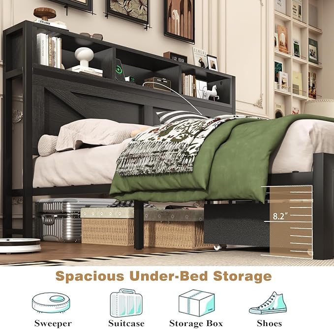 Farmhouse Queen Bed Frame with Bookcase Storage Headboard, Charging Station, LED Light and 2 Storage Drawers, Noise Free, No Box Spring Needed, Black