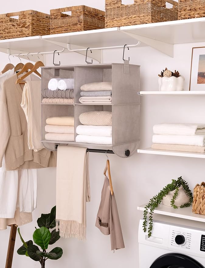 StorageWorks Hanging Closet Organizer with Metal Rod, 4-Section Closet Organizers and Storage, Collapsible Hanging Shelves for Wardrobe Organizer, Nursery, Bedroom, Light Khaki