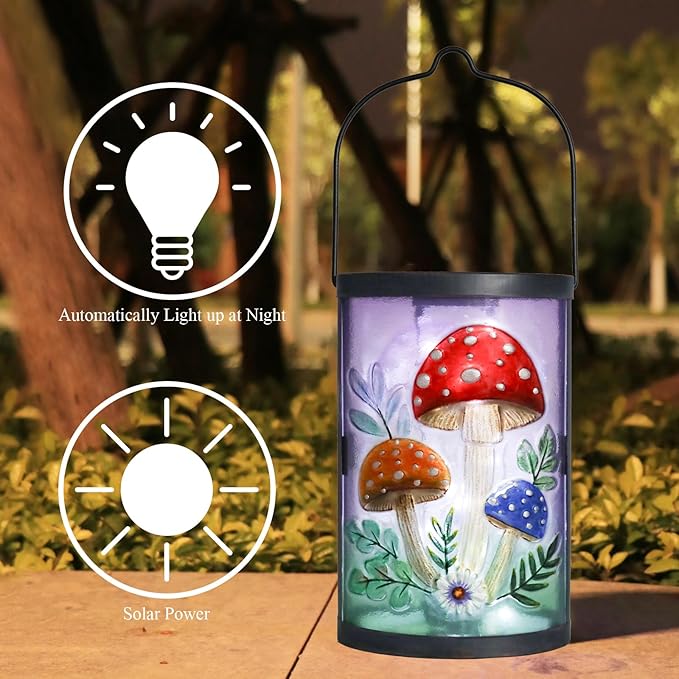 Hanging Solar Lantern Outdoor Waterproof Mushroom Solar Lights Glass Tabletop Decorative Lamp for Outdoor Patio Garden Outside Yard Decor