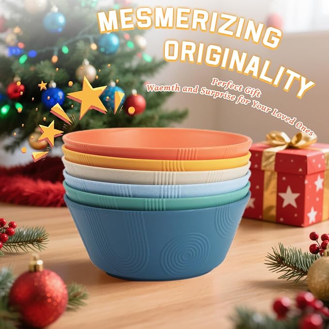 Wheat Straw Bowl Sets of 6 - 36oz Cereal Bowls with Textured Design,Large Soup Bowl - Microwave and Dishwasher Safe, Ramen Bowl Set, Alternative to Plastic Bowls for Serving Soup,Ramen,Salad - Multi