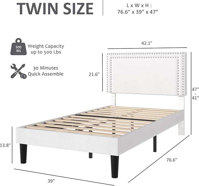 VECELO Twin Size Platform Bed Frame with Height Adjustable Upholstered Headboard, Strong Wood Slats Support, No Box Spring Needed, Easy Assembly