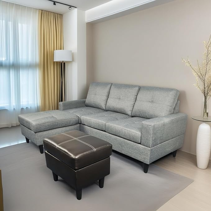 FONTOI L Shaped Sofa with Ottoman, Modern Faux Leather Couch with Chaise, 3 Seat Living Room Sofa Set with Solid Wood, for Home, Apartment, Study Room, Brown Grey