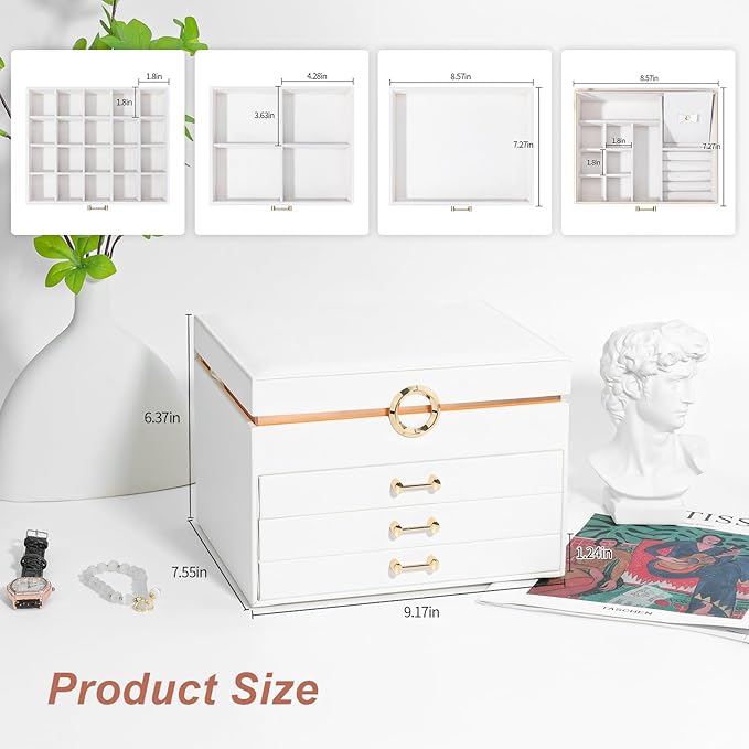 Jewelry Organizer Box, Women Jewelry Box White Jewelry Case 3-Layer with 3 Drawers, Jewelry Boxes for Women Jewelry Organizer, White