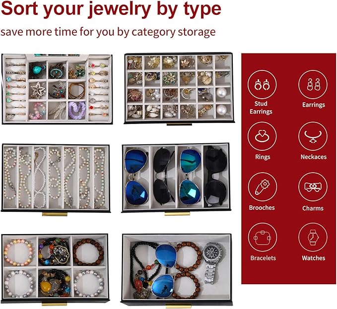 BOOVO Jewelry Box for Women, Black 6 Layer Large Jewelry Organizer with Glass Lid for Necklace, Bracelet, Earrings, Rings Storage, Jewelry Organizers and Storage for Girls Gift (Clear Black, 6 layer)