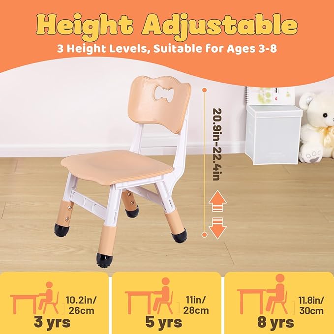 FUNLIO Adjustable Kids Chair (2pcs), 3 Level Height Adjustable Toddler Chair for Ages 3-8, Sturdy Child Chair with Maximum Bearing 220lbs, for Classrooms/Daycares/Homes, CPC & CE Approved - Natural