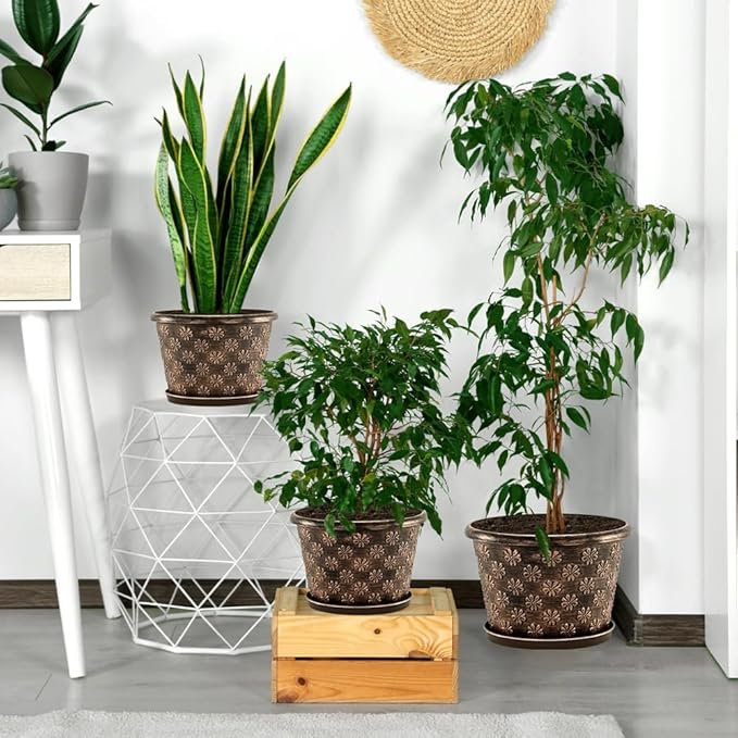 16 Inch Planter Pots for Plants, Plastic Large Flower Pots Indoor Outdoor, 4 Pack Resin Plant Pot with Drainage & Saucer, Retro Decorative Garden Pot with Removable Trays for House