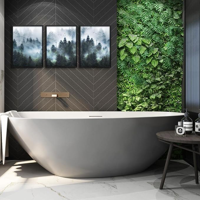 DZRWUBHS Black Framed Wall Art - Foggy Forest Paintings, Trees Landscape - 3 Piece Framed Art for Living Room, Bedroom & Office Decor